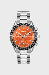 Link bracelet chronograph watch with orange dial, Silver