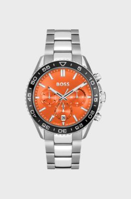 Link bracelet chronograph watch with orange dial, Silver