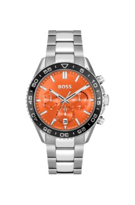 Montre chronographe avec cadran orange et bracelet à maillons