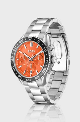 Link bracelet chronograph watch with orange dial, Silver