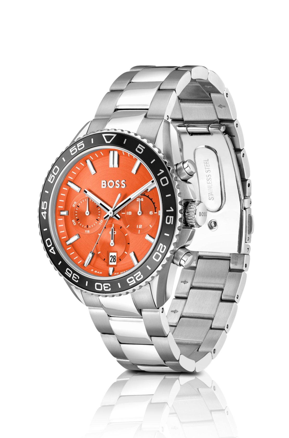 Link bracelet chronograph watch with orange dial, Silver