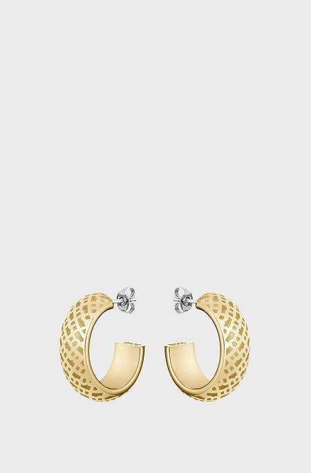 Gold-tone hoop earrings with engraved monograms, Gold