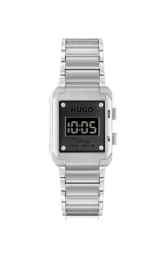 Digitaal horloge met geschakelde polsband en zwarte wijzerplaat, Zilver