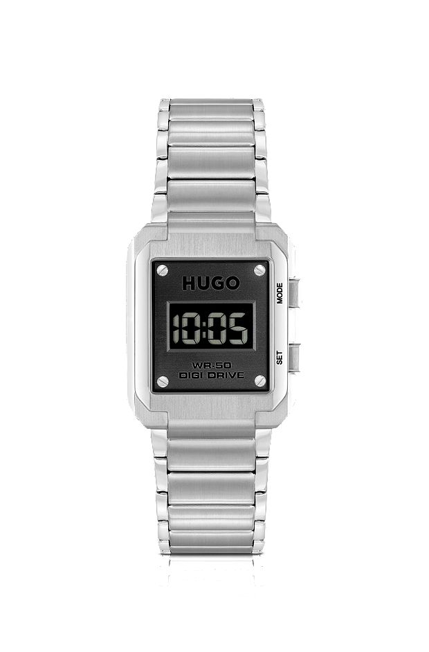 Link-bracelet digital watch with black dial, Silver