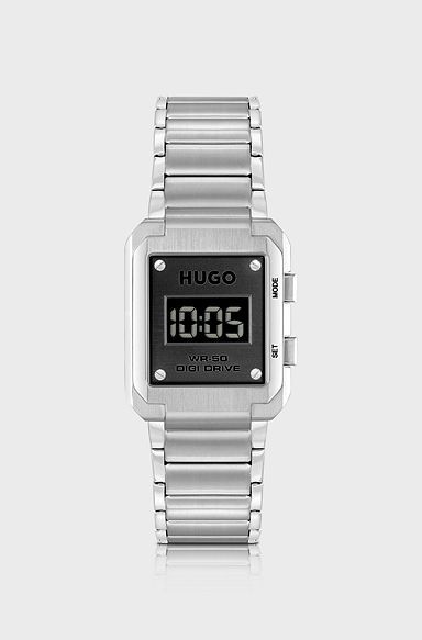 Link-bracelet digital watch with black dial, Silver