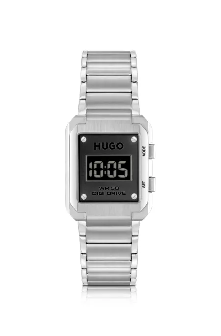 Link-bracelet digital watch with black dial