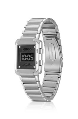 Montre digitale &agrave; cadran noir et bracelet &agrave; maillons, Argent