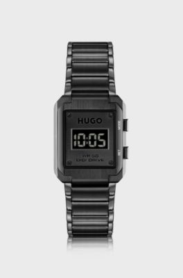 Montre digitale &agrave; cadran noir et bracelet &agrave; maillons, Noir