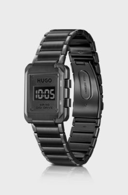 Montre digitale &agrave; cadran noir et bracelet &agrave; maillons, Noir