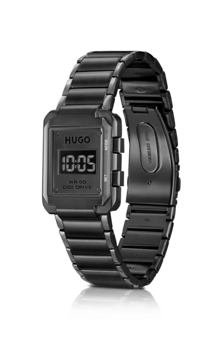 Link-bracelet digital watch with black dial