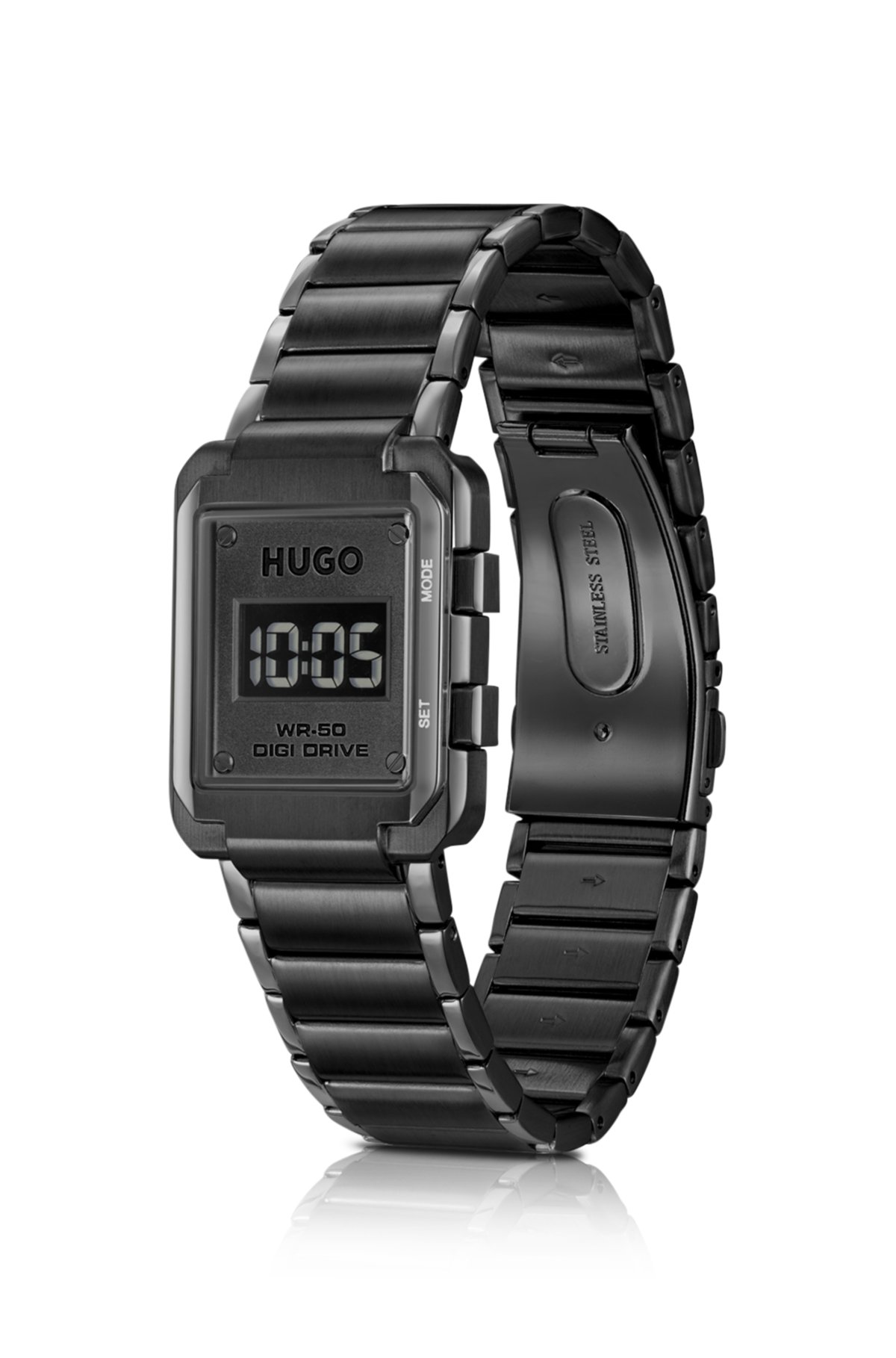 Link-bracelet digital watch with black dial, Black