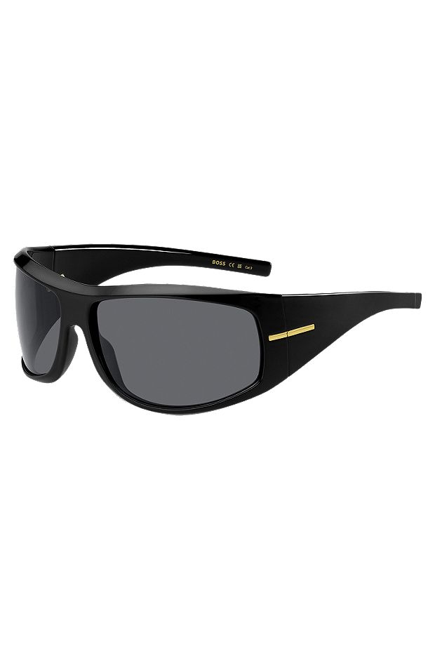 Gafas de sol negras de estilo máscara con detalles metálicos dorados, Negro