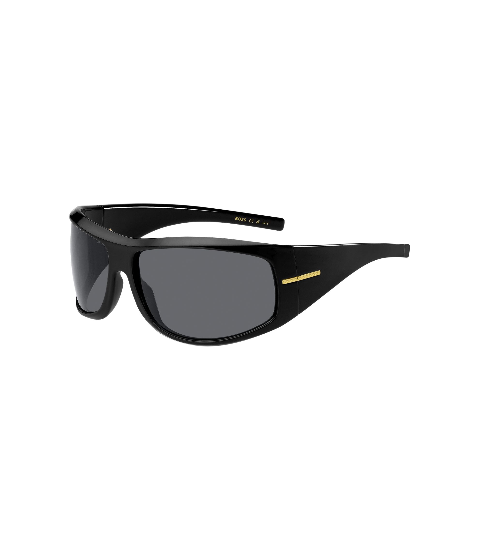 Schwarze Sonnenbrille im Masken-Stil mit goldfarbenen Metalldetails