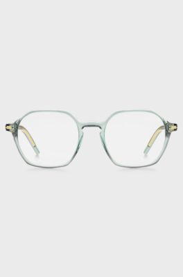 Monture optique en ac&eacute;tate bleu-vert avec branches dor&eacute;es, bleu clair