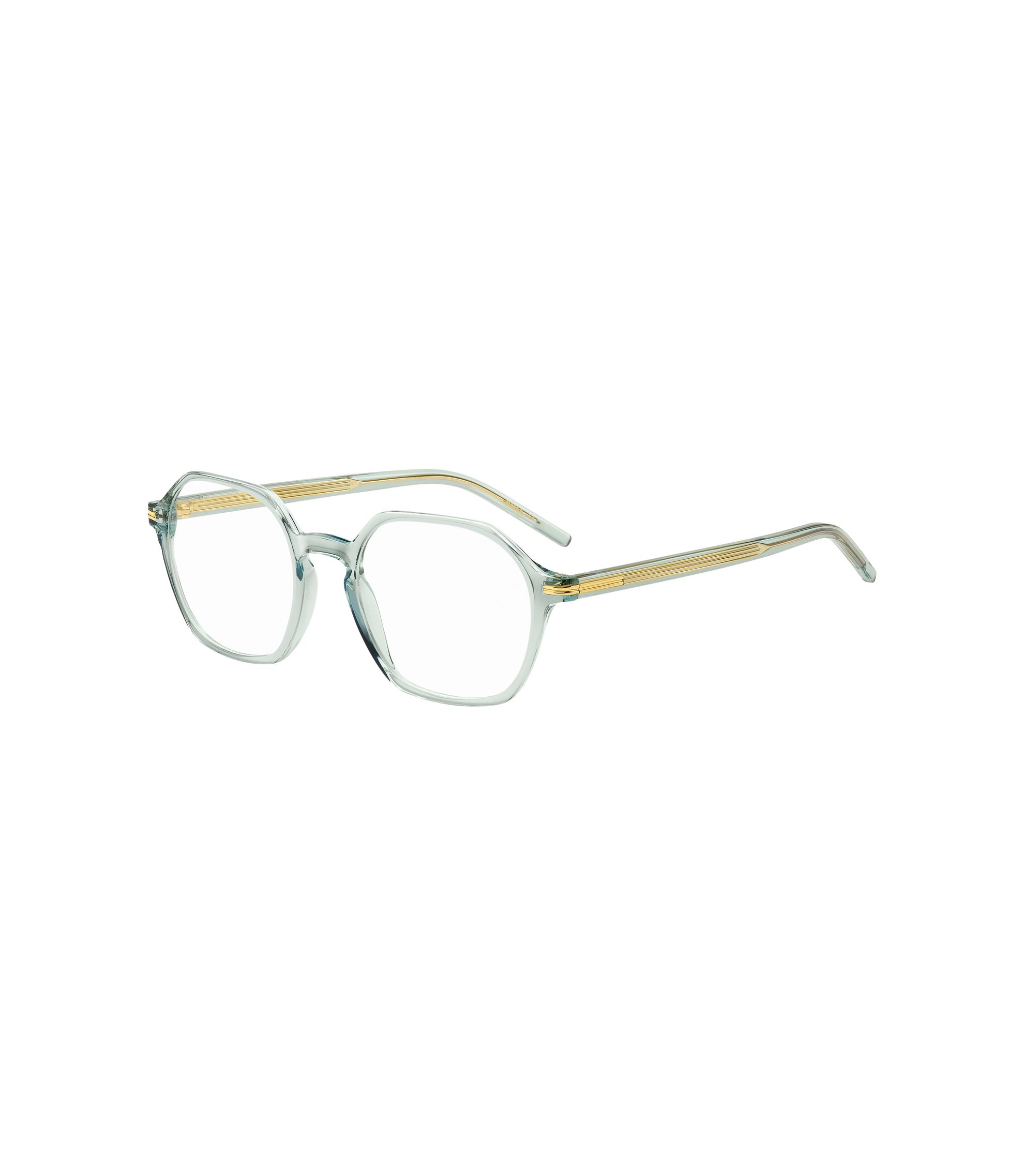 Brillenfassung aus aquafarbenem Acetat mit goldfarbenen Bügeln