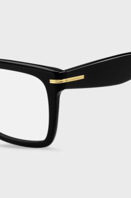 Occhiali da vista in acetato nero con cerniere color oro, Nero