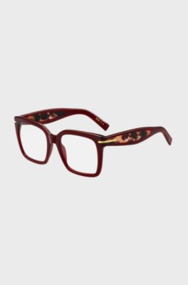 Occhiali da vista in acetato bordeaux con cerniere color oro, Rosso a motivi