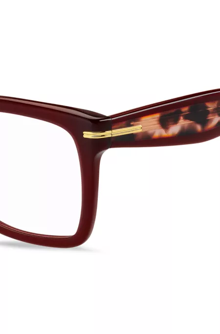 Burgundy-acetate optical frames with gold-tone hinges