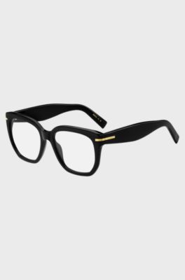Occhiali da vista in acetato nero con cerniere color oro, Nero