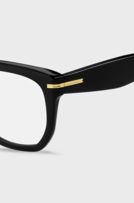 Occhiali da vista in acetato nero con cerniere color oro, Nero