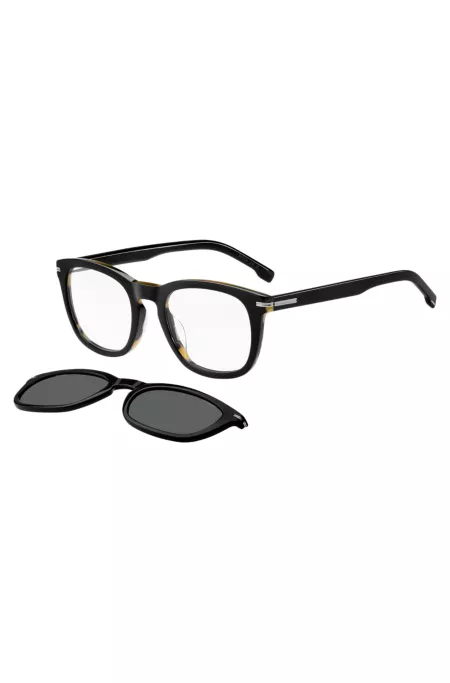 Patterned-acetate optical frames with clip-on shaded lenses