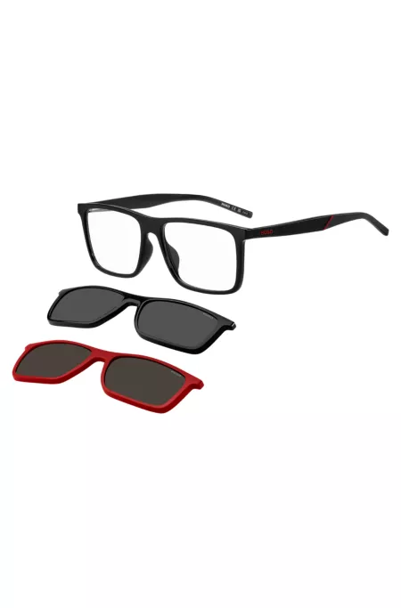 Black optical frames with clip-on shaded lenses