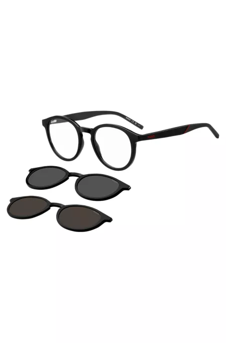 Black optical frames with clip-on shaded lenses