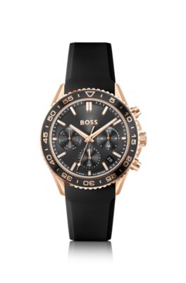 Carnation-gold-effect watch with silicone strap, Black