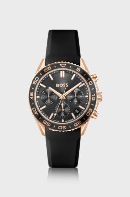 Carnation-gold-effect watch with silicone strap, Black