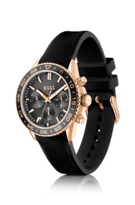 Carnation-gold-effect watch with silicone strap, Black