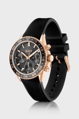 Carnation-gold-effect watch with silicone strap, Black