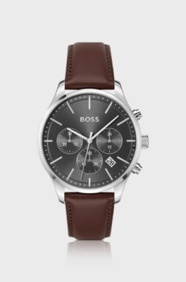 Stainless-steel chronograph watch with stitched leather strap, Brown