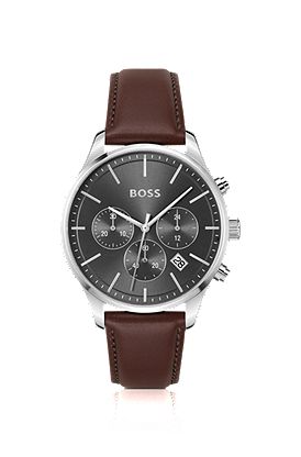 Stainless-steel chronograph watch with stitched leather strap