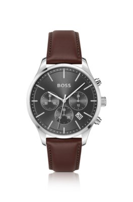 Montre chronographe en acier inoxydable avec bracelet en cuir surpiqué
