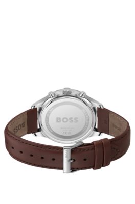 Stainless-steel chronograph watch with stitched leather strap, Brown