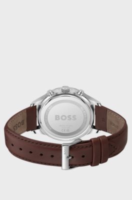 Stainless-steel chronograph watch with stitched leather strap, Brown