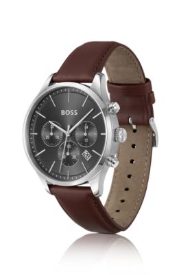 Stainless-steel chronograph watch with stitched leather strap, Brown