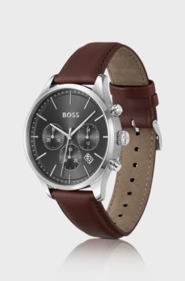 Stainless-steel chronograph watch with stitched leather strap, Brown