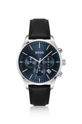 BOSS Leather strap chronograph watch with blue dial Black