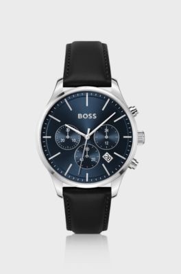 Montre chronographe avec cadran bleu et bracelet en cuir, Noir