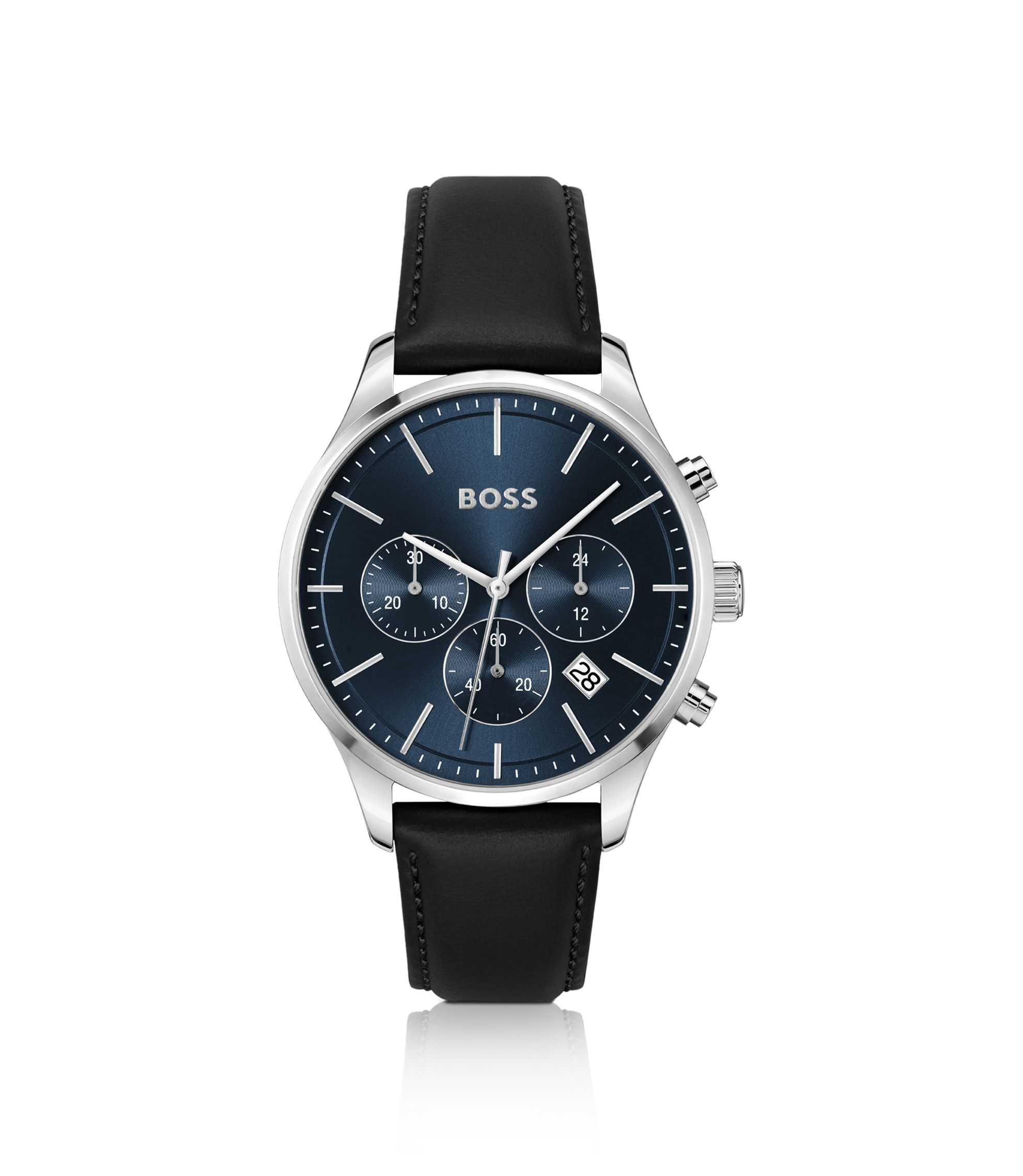 BOSS Leather-strap chronograph watch with blue dial Black