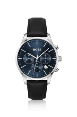 Montre chronographe avec cadran bleu et bracelet en cuir