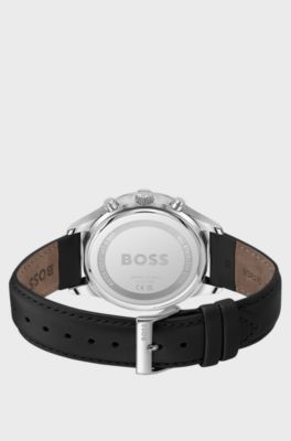 Leather-strap chronograph watch with blue dial, Black