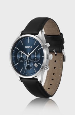 Montre chronographe avec cadran bleu et bracelet en cuir, Noir