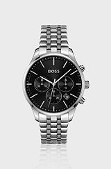 Multi-link-bracelet chronograph watch with black dial, Silver