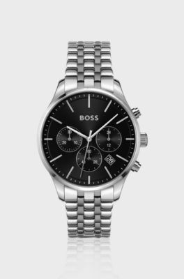 Cronografo con quadrante nero e bracciale a maglie multiple, Argento