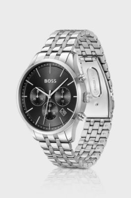 Multi-link-bracelet chronograph watch with black dial, Silver