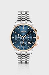 Multi-link-bracelet chronograph watch with blue dial, Silver
