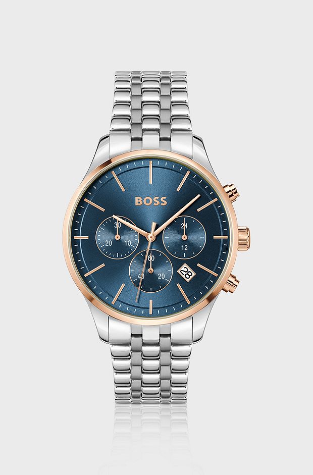 Multi-link-bracelet chronograph watch with blue dial, Silver
