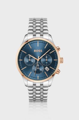 Chronograph mit mehrgliedrigem Armband und blauem Zifferblatt, Silber